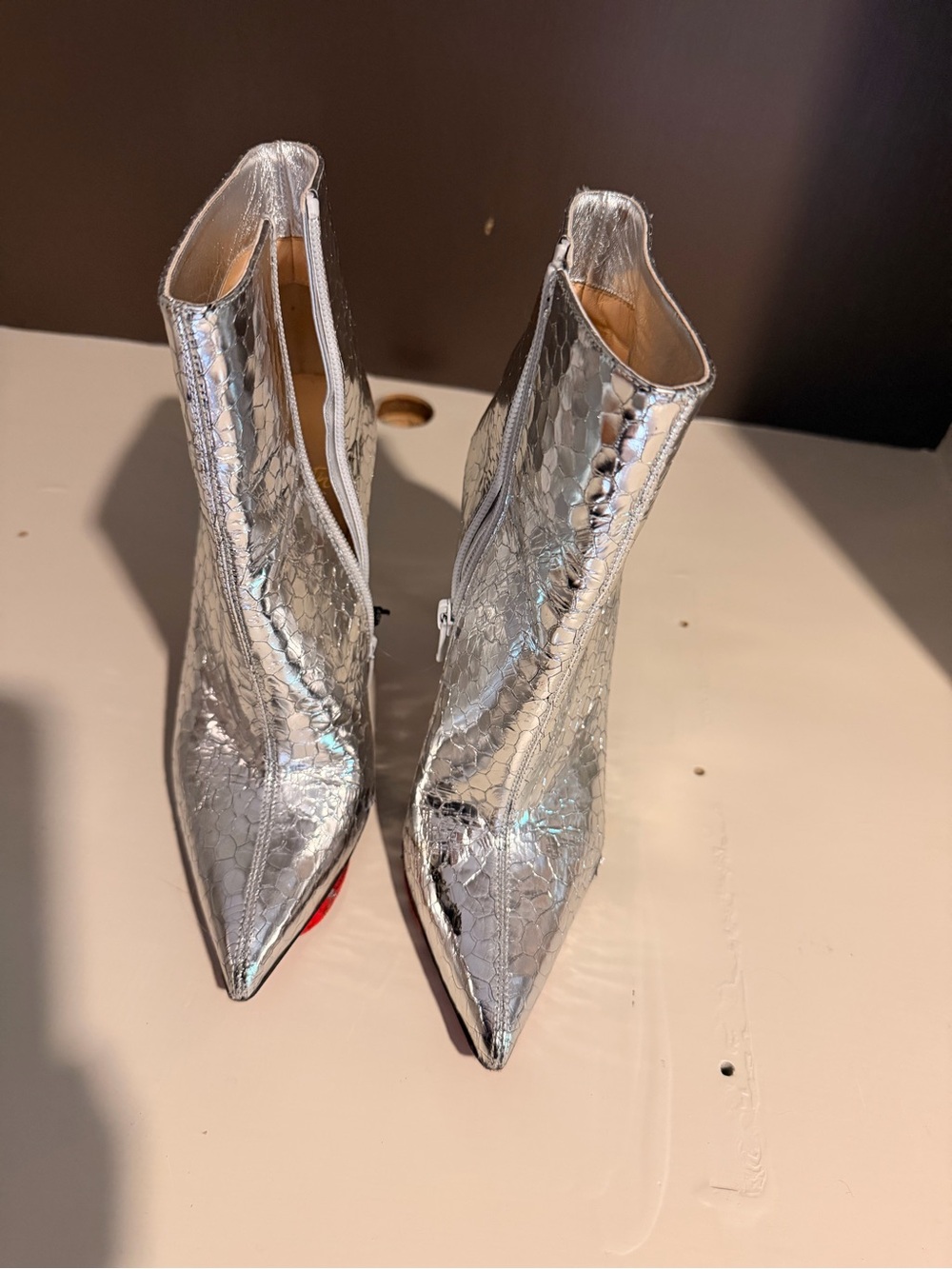 Christian Louboutin Metallic Silver Pointed Toe Ankle Booties